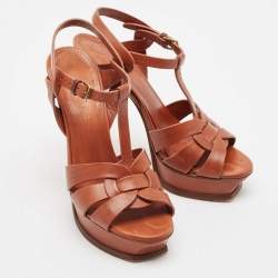Saint Laurent Brown Leather Tribute Platform Ankle Strap Sandals Size 38