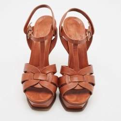 Saint Laurent Brown Leather Tribute Platform Ankle Strap Sandals Size 38