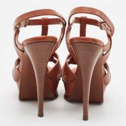 Saint Laurent Brown Leather Tribute Platform Ankle Strap Sandals Size 38