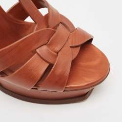 Saint Laurent Brown Leather Tribute Platform Ankle Strap Sandals Size 38
