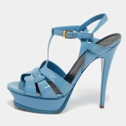 Saint Laurent Blue Patent Leather Tribute Platform Ankle Strap Sandals Size 38