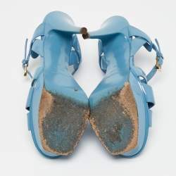 Saint Laurent Blue Patent Leather Tribute Platform Ankle Strap Sandals Size 38