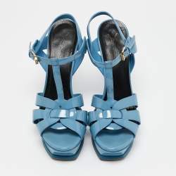 Saint Laurent Blue Patent Leather Tribute Platform Ankle Strap Sandals Size 38