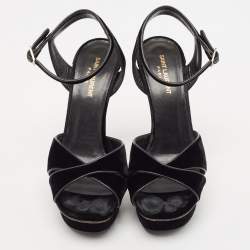 مملوكة مسبقًا صندل سان لوران تريبوت قطيفة عنابي بحزام للكاحل مقاس 41