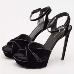 مملوكة مسبقًا صندل سان لوران تريبوت قطيفة عنابي بحزام للكاحل مقاس 41