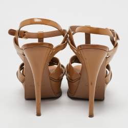Pre Owned Saint Laurent Beige Patent Leather Tribute Platform Sandals Size 38