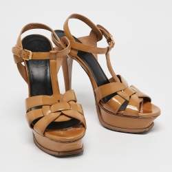 Pre Owned Saint Laurent Beige Patent Leather Tribute Platform Sandals Size 38