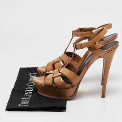Pre Owned Saint Laurent Beige Patent Leather Tribute Platform Sandals Size 38