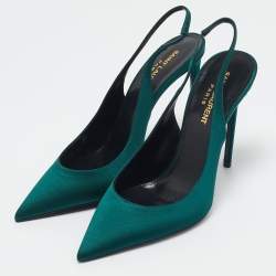 Pre Owned Saint Laurent Green Satin Zoe Slingback Pumps Size 38