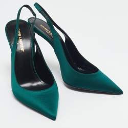Pre Owned Saint Laurent Green Satin Zoe Slingback Pumps Size 38