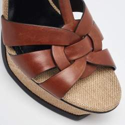 Saint Laurent Brown Leather Tribute Platform Sandals Size 41