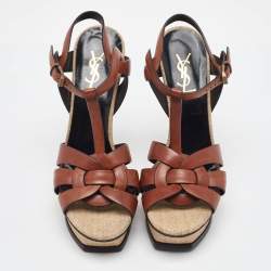 Saint Laurent Brown Leather Tribute Platform Sandals Size 41