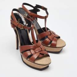 Saint Laurent Brown Leather Tribute Platform Sandals Size 41