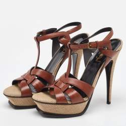 Saint Laurent Brown Leather Tribute Platform Sandals Size 41