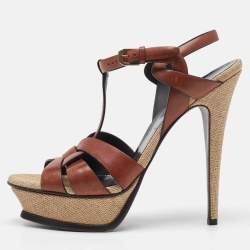 Saint Laurent Brown Leather Tribute Platform Sandals Size 41
