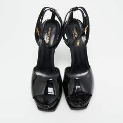 Saint Laurent Black Patent Leather Jodie Platform Ankle Strap Sandals Size 40