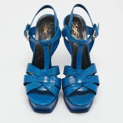 Pre Owned Saint Laurent Blue Lizard Embossed Leather Tribute Platform Sandals Size 38