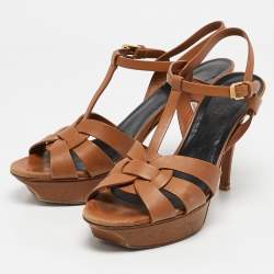 Pre Owned Saint Laurent Brown Leather Tribute Sandals Size 41