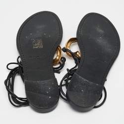 Pre Owned Saint Laurent Black Leather Love Ankle Tie Flat Sandals Size 37