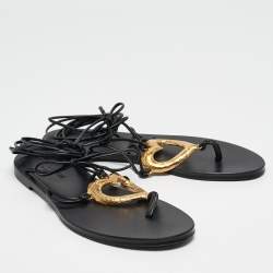 Pre Owned Saint Laurent Black Leather Love Ankle Tie Flat Sandals Size 37