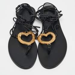 Pre Owned Saint Laurent Black Leather Love Ankle Tie Flat Sandals Size 37