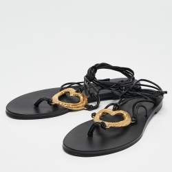 Pre Owned Saint Laurent Black Leather Love Ankle Tie Flat Sandals Size 37