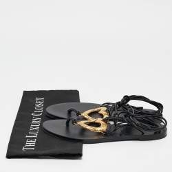 Pre Owned Saint Laurent Black Leather Love Ankle Tie Flat Sandals Size 37