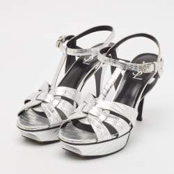 Pre Owned صندل سان لوران باريس جلد نقشة السحلية ميتاليك تريبوت مقاس 41