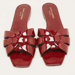 Saint Laurent Red Patent Leather Tribute Flat Slides Size 39