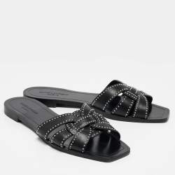 Pre Owned Saint Laurent Black Leather Embellished Tribute Flat Sandals Size 41