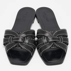 Pre Owned Saint Laurent Black Leather Embellished Tribute Flat Sandals Size 41