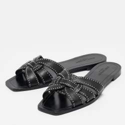 Pre Owned Saint Laurent Black Leather Embellished Tribute Flat Sandals Size 41