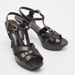Pre Owned Saint Laurent Black Leather Tribute Platform Sandals Size 39