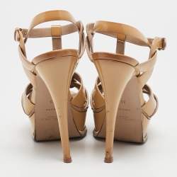 Saint Laurent Beige Patent Leather Tribute Platform Sandals Size 36