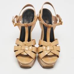 Saint Laurent Beige Patent Leather Tribute Platform Sandals Size 36