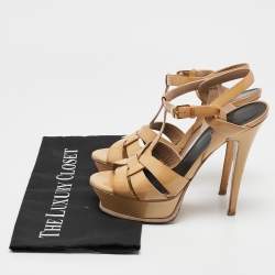 Saint Laurent Beige Patent Leather Tribute Platform Sandals Size 36