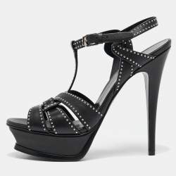 Saint Laurent Black Studded Leather Tribute Platform Sandals Size 38.5