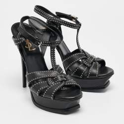Saint Laurent Black Studded Leather Tribute Platform Sandals Size 38.5