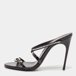 Saint Laurent Black Suede and Patent Leather Crystal Slide Sandals Size 37.5