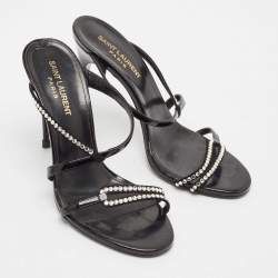 Saint Laurent Black Suede and Patent Leather Crystal Slide Sandals Size 37.5
