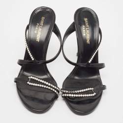 Saint Laurent Black Suede and Patent Leather Crystal Slide Sandals Size 37.5