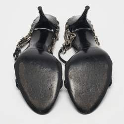 Pre Owned Saint Laurent Black Snakeskin Leather Chain Ankle Strap Sandals Size 37