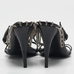 Pre Owned Saint Laurent Black Snakeskin Leather Chain Ankle Strap Sandals Size 37