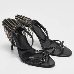 Pre Owned Saint Laurent Black Snakeskin Leather Chain Ankle Strap Sandals Size 37