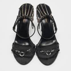 Pre Owned Saint Laurent Black Snakeskin Leather Chain Ankle Strap Sandals Size 37