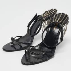 Pre Owned Saint Laurent Black Snakeskin Leather Chain Ankle Strap Sandals Size 37