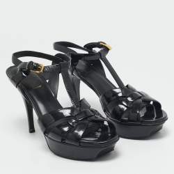 Saint Laurent Black Patent Leather Tribute Ankle Strap Sandals Size 38