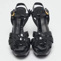 Saint Laurent Black Patent Leather Tribute Ankle Strap Sandals Size 38