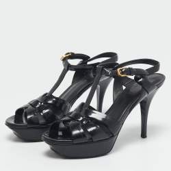 Saint Laurent Black Patent Leather Tribute Ankle Strap Sandals Size 38