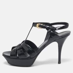 Saint Laurent Black Patent Leather Tribute Ankle Strap Sandals Size 38